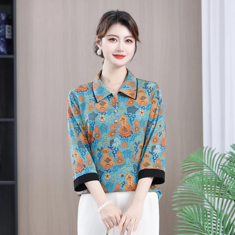 អាវយឺត Pullover ថ្មី កអាវបត់ចុះ បោះពុម្ពធរណីមាត្រ អាវបីភាគបួន រលុង
