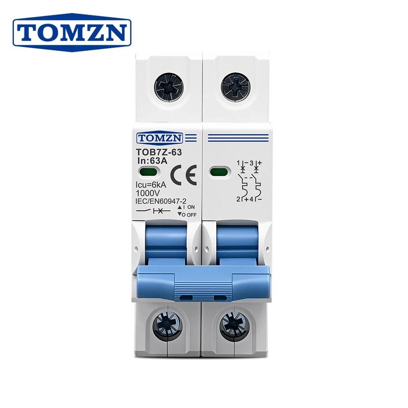 TOMZN 2P DC 1000V Solar Mini Circuit Breaker 3A 6A 10A 16A 20A 25A 32A 40A 50A 63A DC MCB for PV System