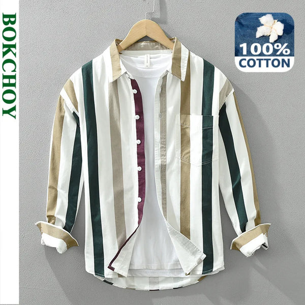 Spring New Casual Striped 100% Cotton Long Sleeve Shirts for Men Clothing Simple Fresh Turn-down Collar Soft CM7220