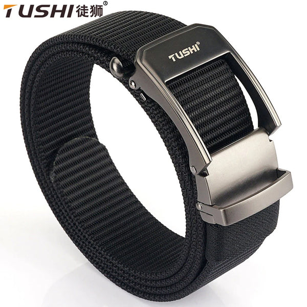 TUSHI Fashion Metal Automatic Buckle Webbing Belts For Men Thick Tough Canvas Tactical Belt Outdoor Jeans Pants Waistband Hiking