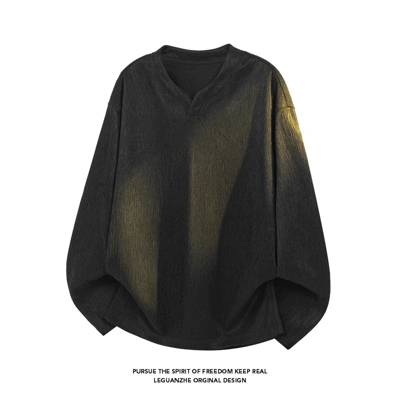 Male Relaxed Oversized V Notch Long Sleeve Top Crinkle Pleated Pattern Lightweight Fabric For Holiday Daily Styling Look