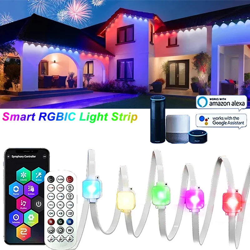 ភ្លើងខ្សែរ WIFI ឆ្លាតវៃ RGBIC ប៊្លូធូស ការគ្រប់គ្រងឧបករណ៍បំពងសម្លេង Google ភ្លើងតុបតែងខាងក្រៅ ភ្លើងការពារទឹក ធ្វើសមកាលកម្មតន្ត្រី ថ្ងៃឈប់សម្រាក