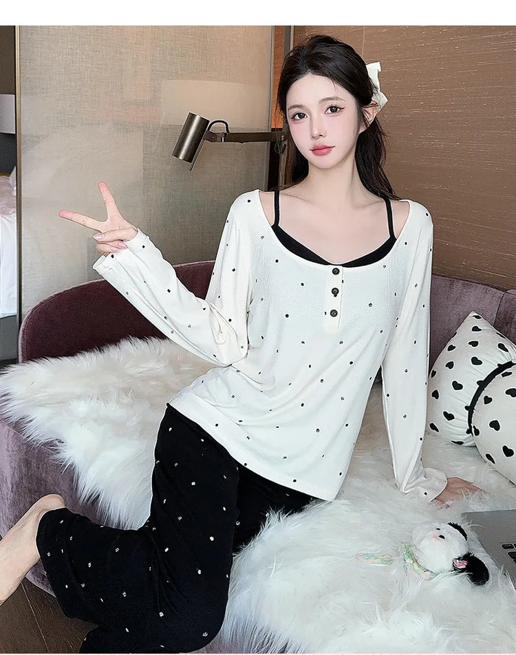 Spring Autumn Women's Pajamas Set Modal Long Sleeve Top Pant Suit 2025 Lounge Wear Sleepwear Sleeping Clothes Home Pijama