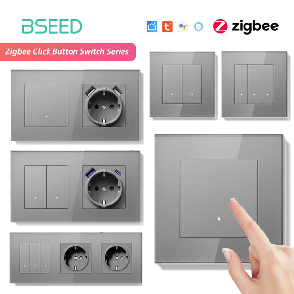 BSEED 1/2/3/4Gang Zigbee Smart Click Button Switch With EU Socket Glass Panel White LED Indicator Tuya Smart Life Alexa Control