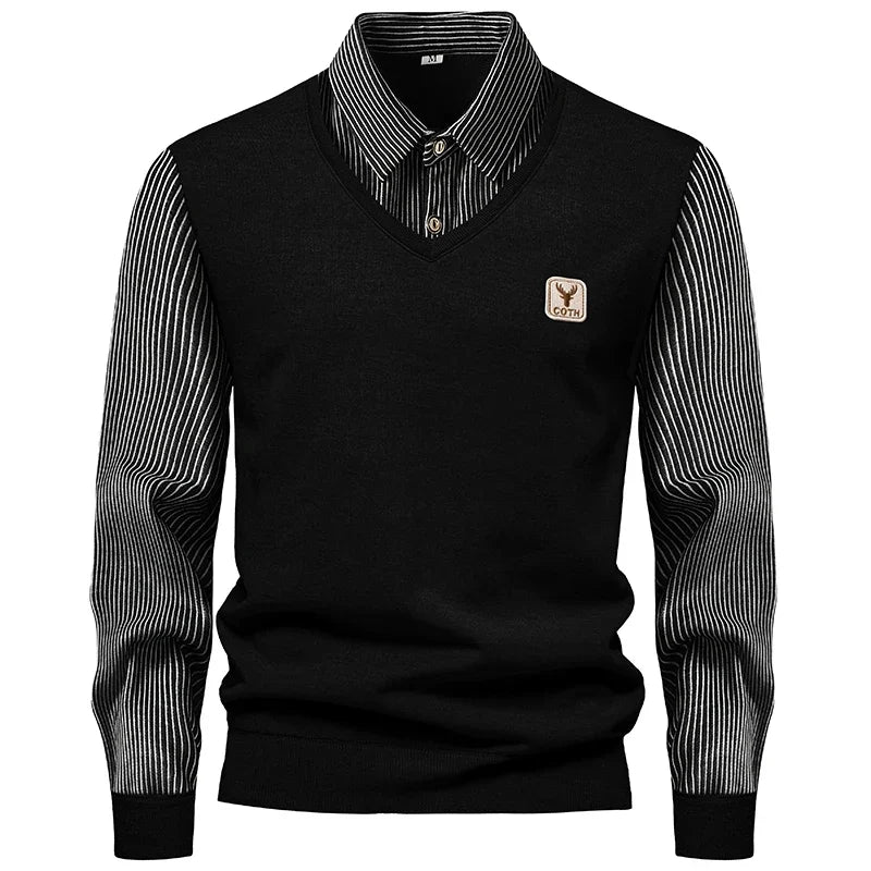 Male Business Knitted Sweater Fake Two Piece Vest Outer Striped Long Sleeve Lapel Shirts Soft Warm Daily Pullover