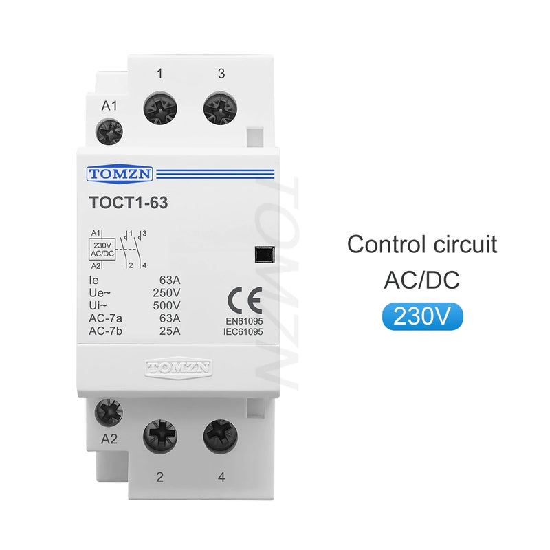 TOMZN 63A Single-Phase Din Rail Contactor – Control: AC/DC 24V/110V/230V, Main: 230V AC, Contacts: 2NO2NC or 1NO1NC