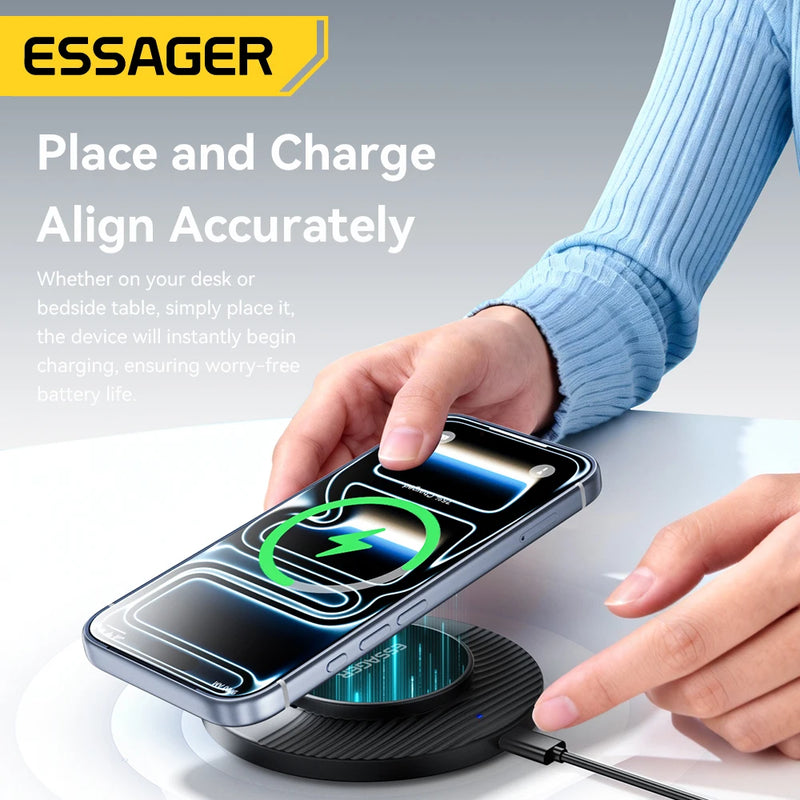 ឆ្នាំងសាកឥតខ្សែ Essager 15W ម៉ាញេទិក បន្ទះសាកថ្មលឿន សម្រាប់ iPhone 17 16 15 Pro កាសស្តាប់ត្រចៀក Huawei Samsung Xiaomi ទូរស័ព្ទ Android