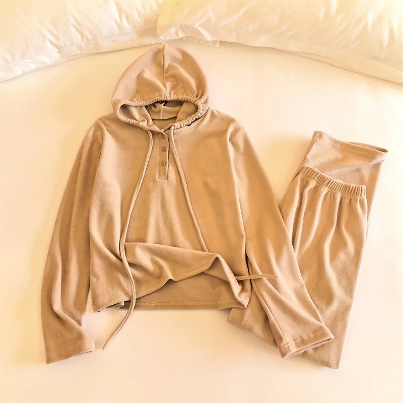 Winter Women's Pajamas Loose Hooded Korean Shake Fleece Sports Outerwear Home Clothes Spring Autumn Sleepwear Set Two Piece