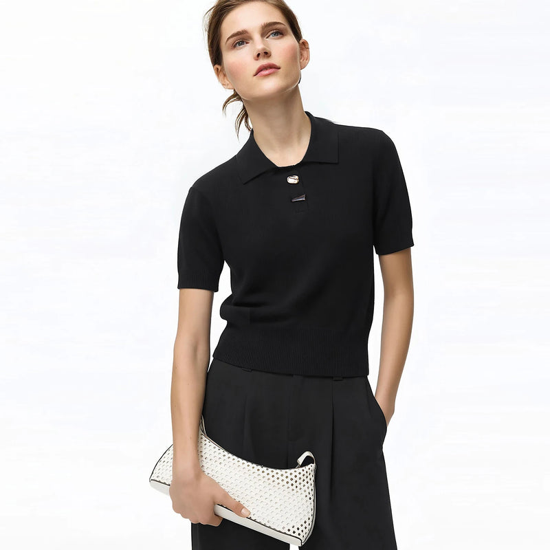 Amii Women's Knit Top 2026 Summer New Polo Neck Short Sleeve Sweater Metal Button Office Casual Versatile Pullover 12642077