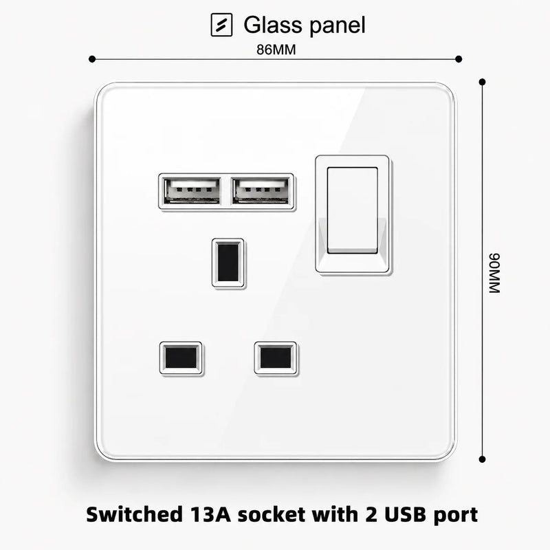 White Tempered Glass 2Way Wall Light Switch, UK Wall 18W Type-C Fast Charging USB Socket, Universal Electrical Outlet Plug 220V