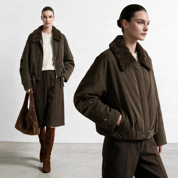 Amii Down Coats 2026 Winter New Wool Lapel With Belt Down Jacket Loose Drop Shoulder Cropped Women's Outerwear Top 12654032