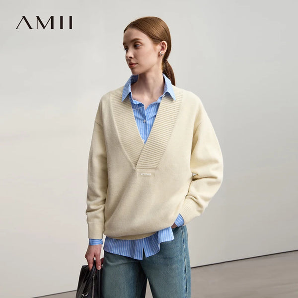 AMII Women's Sweater 2026 Winter New Minimalist Versatile V-Neck Loose Long Sleeve Knit Pullover Sweater Tops For Woman 12524084