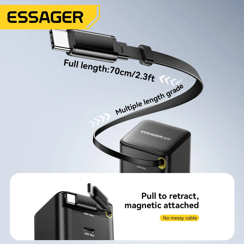 ឆ្នាំងសាក Essager 65W GaN ជាមួយខ្សែរ PD សាកថ្មលឿនសម្រាប់កុំព្យូទ័រយួរដៃ Macbook iPhone 16 15 14 Xiaomi Type-C ឆ្នាំងសាកទូរស័ព្ទ