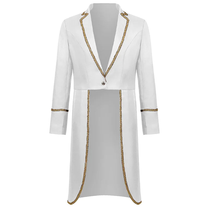 2026 Medieval Style Thin Men's Retro Mid-Length Punk Coat with Gold Trim Trench for Halloween Cosplay in Red Green Purple Jacket