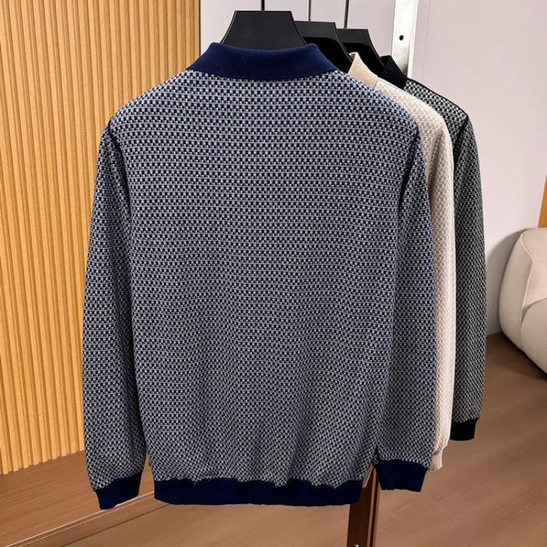Men's 100% Cotton Long Sleeve Polo Shirt Classic Houndstooth Pattern Invisible Placket Casual Top