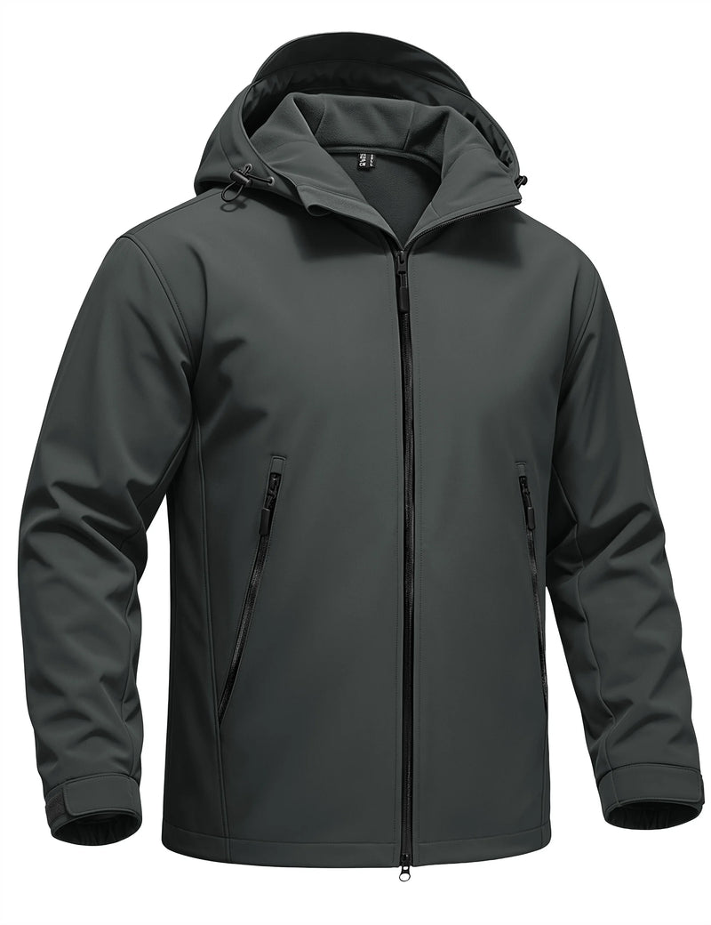 TACVASEN Autumn And Winter Men's Softshell Hooded Waterproof Fleece Lightweight Jacket Windproof Coat With 2 Pockets For Hiking