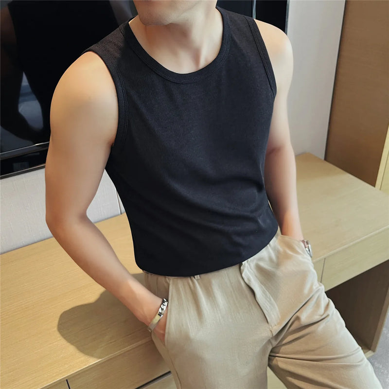 Men's Two-Tone Linen Blend Knit Tank Top – Summer Breathable Textured Sleeveless Vest for Fitness & Casual Wear