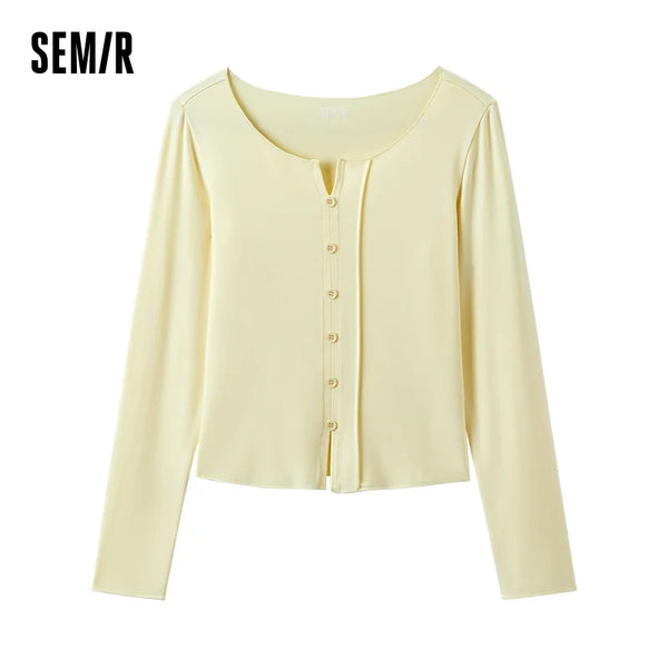 Semir Bottoming Shirt Women Slimming Inner Layer Solid Color Versatile Spring Slit Top Wearable Outside Leisure Round Neck