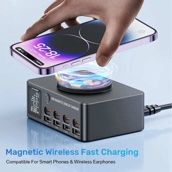 ស្ថានីយសាកថ្មឥតខ្សែលឿន 140W Multi USB-C ជាមួយអេក្រង់ LED PD QC 3.0 សាកថ្មលឿនសម្រាប់ iPhone 14 13 Samsung Xiaomi