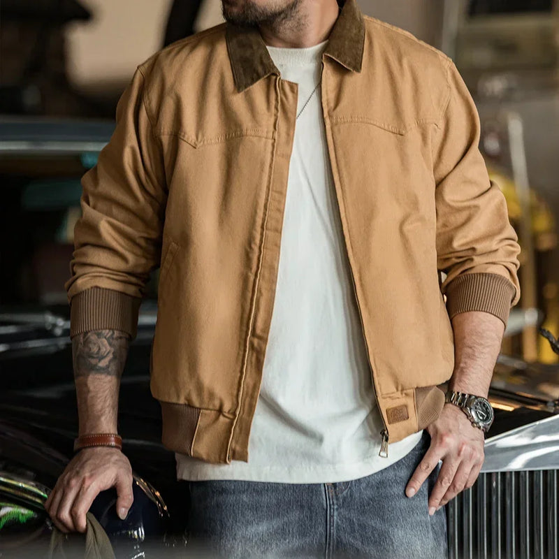 អាវធំ Maden Retro ទម្ងន់ធ្ងន់ Santafe Canvas Jackets កប្បាស Corduroy Lapel Ribbed Hem Cuffs អាវខ្លីសម្រាប់អាវធំរដូវស្លឹកឈើជ្រុះរបស់បុរស