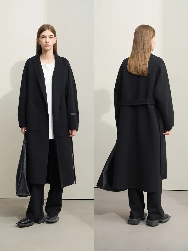 Amii Minimalist Woolen Coat Woman Splicing V-neck with Belt Commuter 2026 Winter New All-wool Double-sided Woolen Coat 12424010