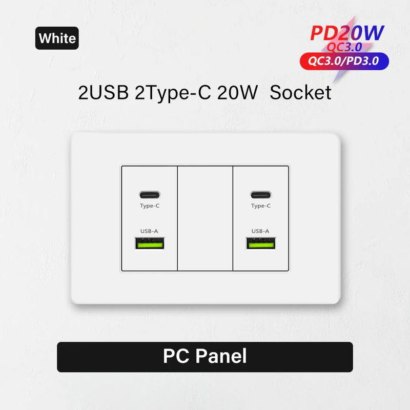 Korea Chile standard 20W Super Fast smart Charge Type C USB Port Power Wall Socket Plug,118*73mm Quick Charge electrical Outlet