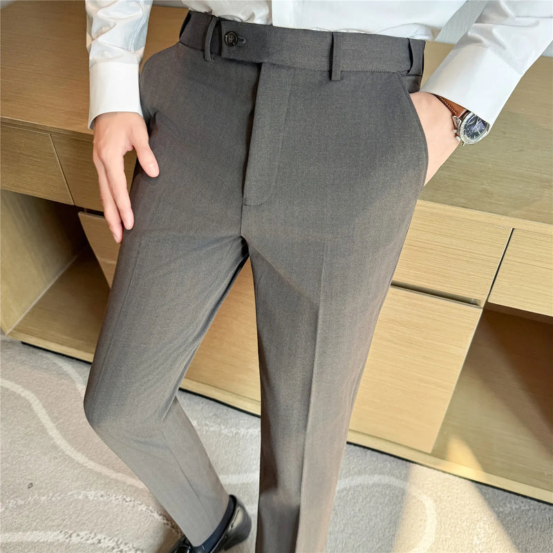 2026 Men's Slim Fit Striped Dress Pants Brown Formal Business Suit Trousers for Office And Wedding Wear High-Quality