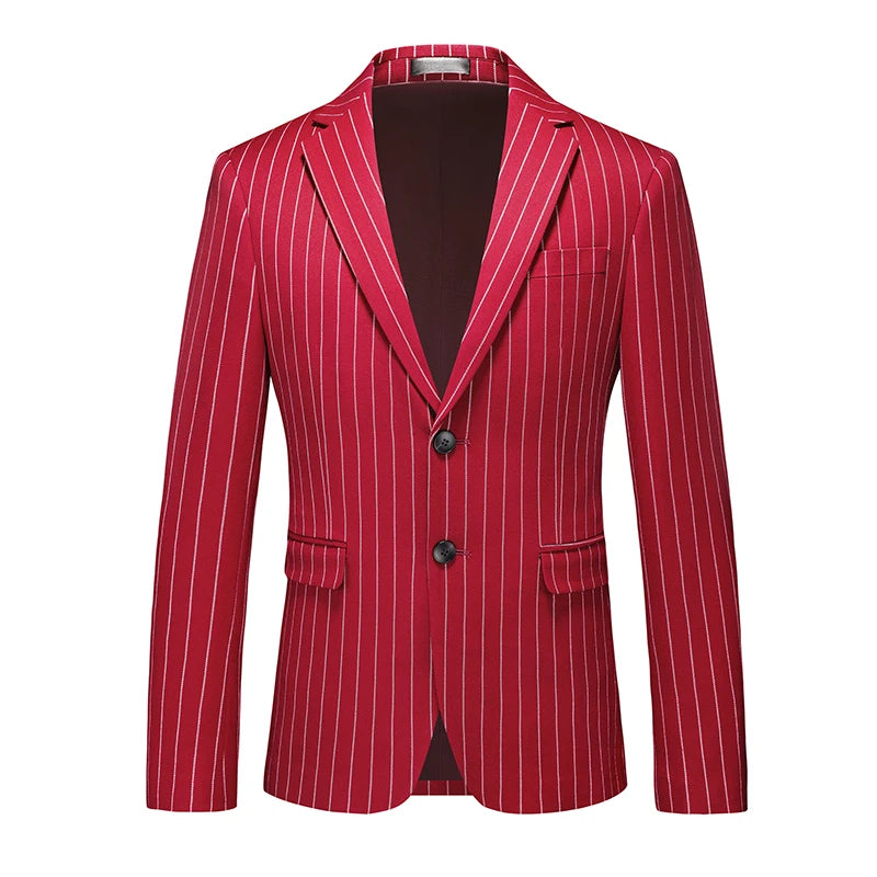 Men's Vertical-Striped Blazer, Perfect for Weddings, Parties, and The Office. Asian Sizes. White, Black, Blue, Gray, Red, Brown.