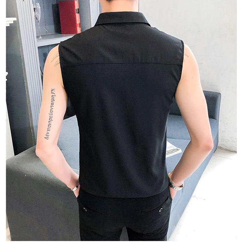 Summer Men's Black Sleeveless Shirt, Fashionable Slim White Shirts, Single Breasted Lapel Summer Top Camisas Para Hombre