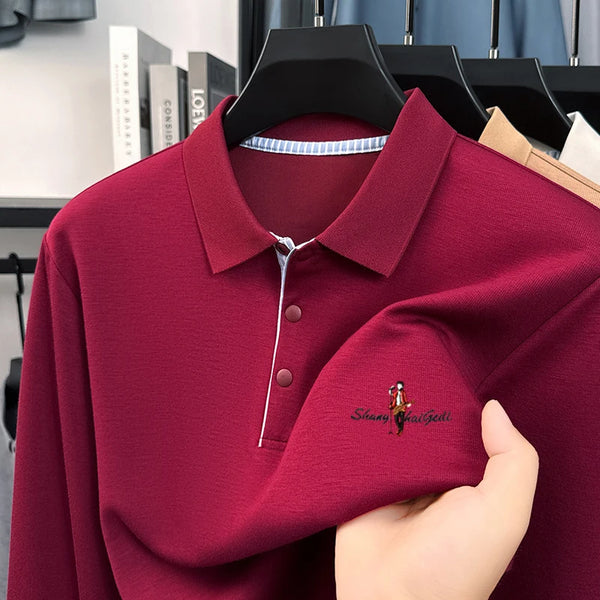 100%Cotton Man Long Sleeved Polo Shirt Lapel Button Exquisite Letter Embroidery Autumn Winter New Business Casual Men's Clothing