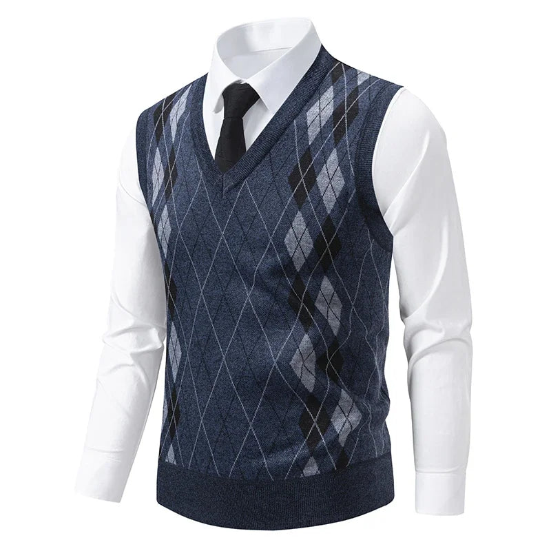 Men's V-Neck Knitted Sweater Diamond Grid Twisted Flower Casual Fashion Top for Autumn Winter Versatile Knitwear