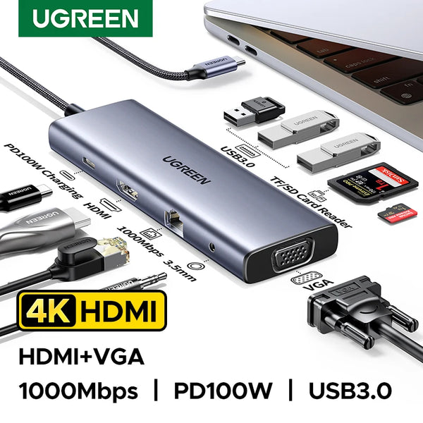 UGREEN USB HUB Dual Monitor Type-C to 4K HDMI VGA Gigabit RJ45 SD&TF USB3.0 Ports PD100W Dock for MacBook Dell HP Accessories