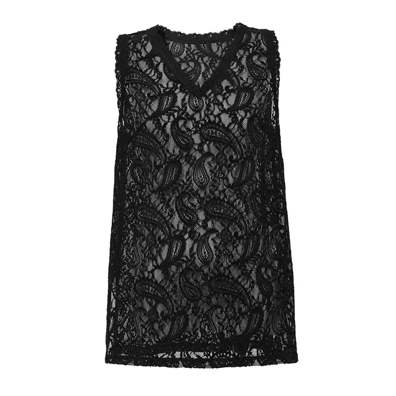 Amii Women's Camisole 2026 Summer New V-Neck Paisley Lace Tank Tops Loose Lightweight Sheer Female Sleeveless Shirt 12652017