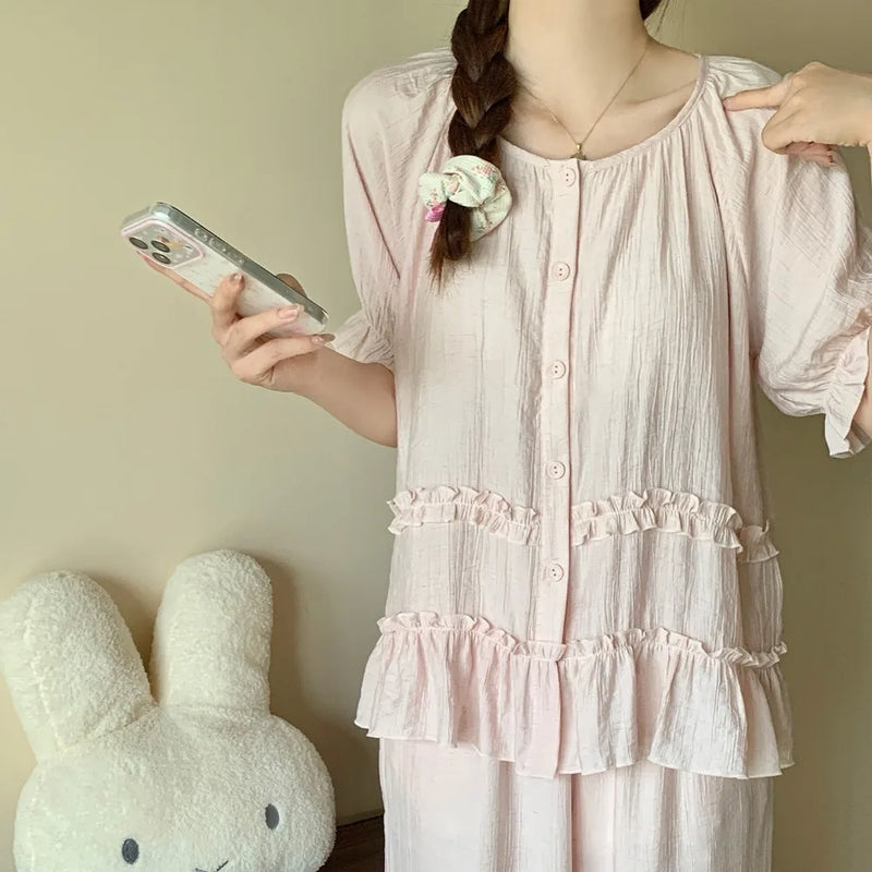Summer New Short Sleeve Sleepwear Women's Button Cardigan Home Nightwear Casual Trousers Ladies Pajamas Suit Loungewear Pyjama