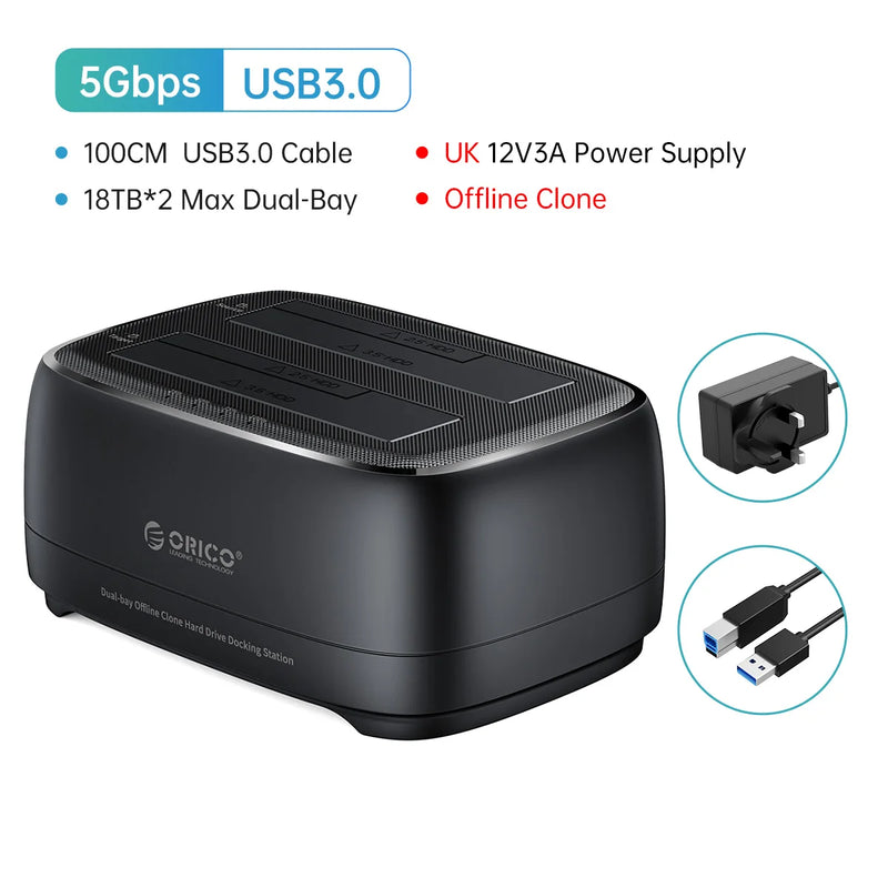 ORICO Offline Clone Hard Drive Docking Station USB3.0 & Type-C 5Gbps Dual-bay Hard Disk Enclosure 2.5/3.5 Inch HDD/SSD