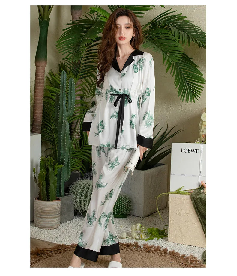 ឈុតខោ pajamas ស្ត្រីបោះពុម្ពទាន់សម័យ អាវកាឌីហ្គែន អាវក្រៅ អាវសូត្រសាទីនថ្មី ឈុតគេង Pijama អាវដៃវែង សម្លៀកបំពាក់នៅផ្ទះពេលយប់