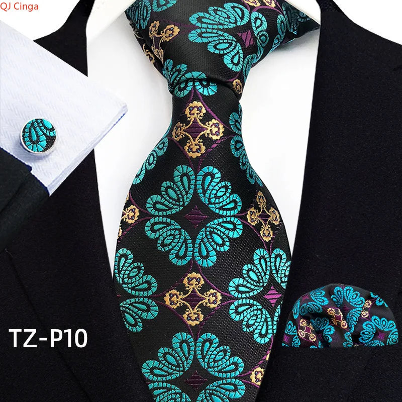 2026 New Men's Jacquard Fabric Tie Set Perfect for Business/Banquets/Formal Wear/Weddings. (Tie + Pocket Square + Cufflinks)