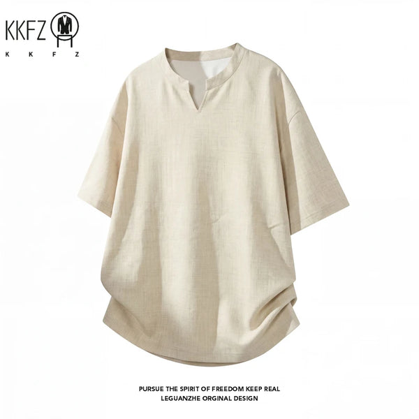 Men V Notch Neck Short Sleeve Linen Shirt Oversized Loose Summer Breathable Casual Streetwear Tops For Daily Commute