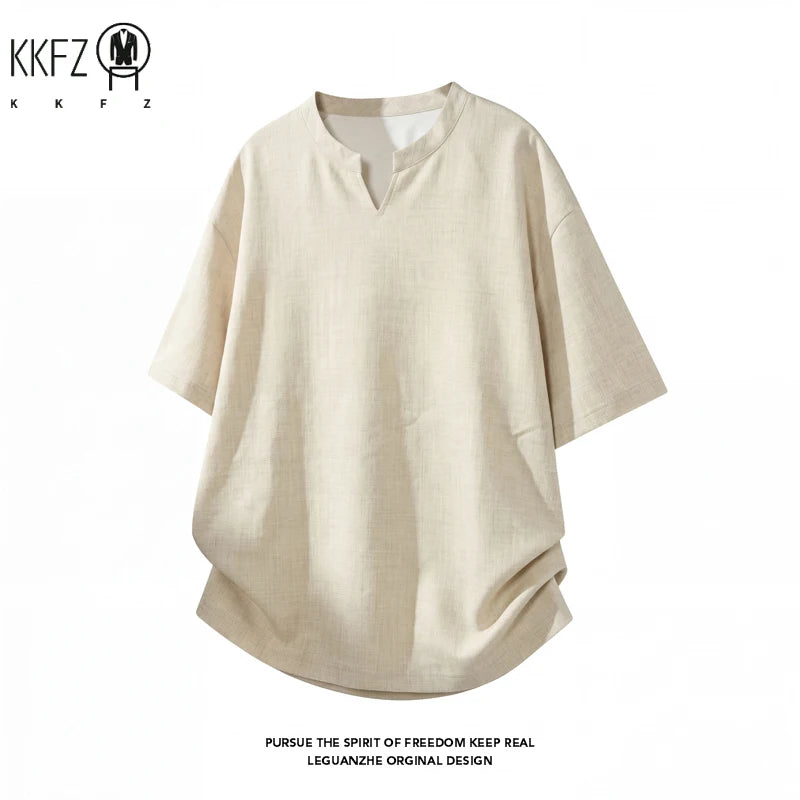 Men V Notch Neck Short Sleeve Linen Shirt Oversized Loose Summer Breathable Casual Streetwear Tops For Daily Commute