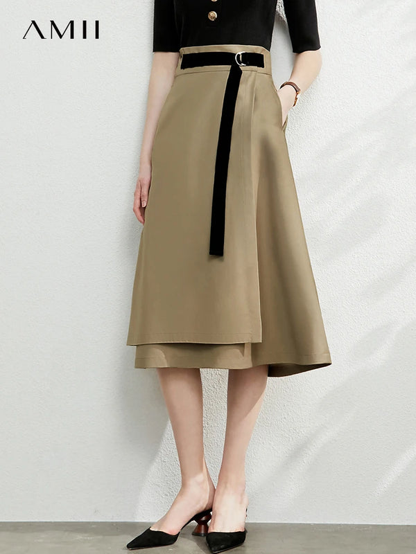 AMII សំពត់រដូវស្លឹកឈើជ្រុះបែប Minimalism ខ្សែក្រវ៉ាត់រឹងមាំសម្រាប់ស្ត្រី រ៉ូប ចង្កេះខ្ពស់ Aline មិនទៀងទាត់ សំពត់មីឌីស្រី 12240752