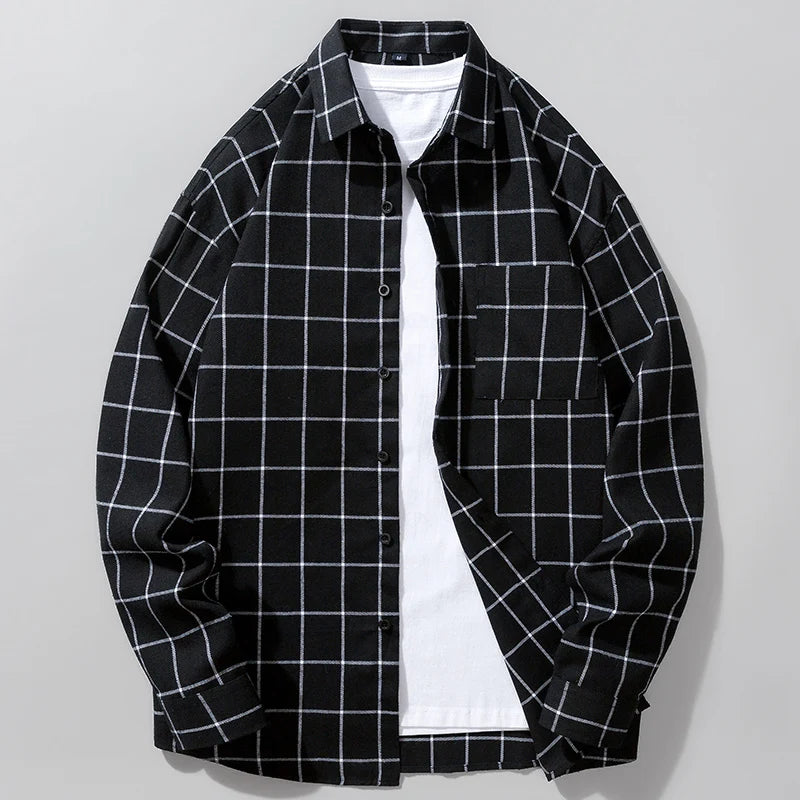 2026 New Men's Black Long Sleeve Shirt with Blue Striped Grid Decoration Casual Loose Fit Fashion Top Shirt
