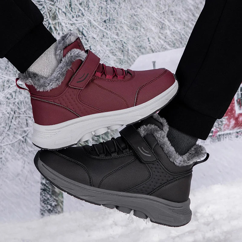 Winter Plush Lined Elderly Shoes PU Leather Non-Slip Rubber Adjustable Strap Warm Snow Boots Comfort Walking Shoes for Elderly