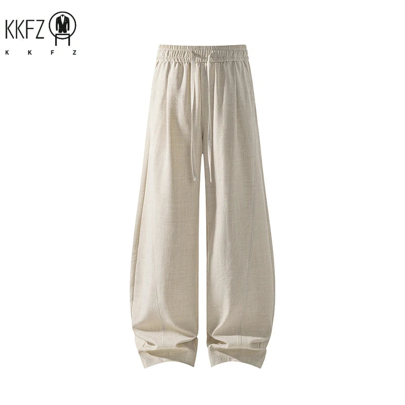 Breathable Linen Texture Wide Leg Trousers Men Elastic Drawstring Waist Side Pockets Versatile Everyday Summer Streetwear