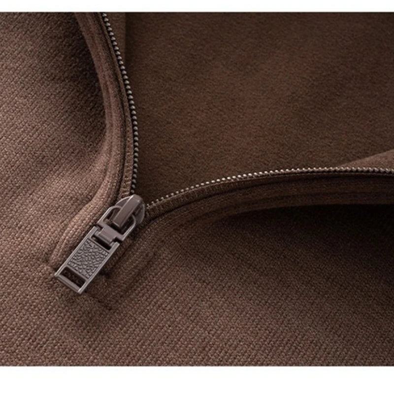 Old Money Style Men's Stand Collar Zip-Up Sweatshirt - Camel (Smoke Blue/ Brown/Gray)Long-sleeved Fleece Hoodie