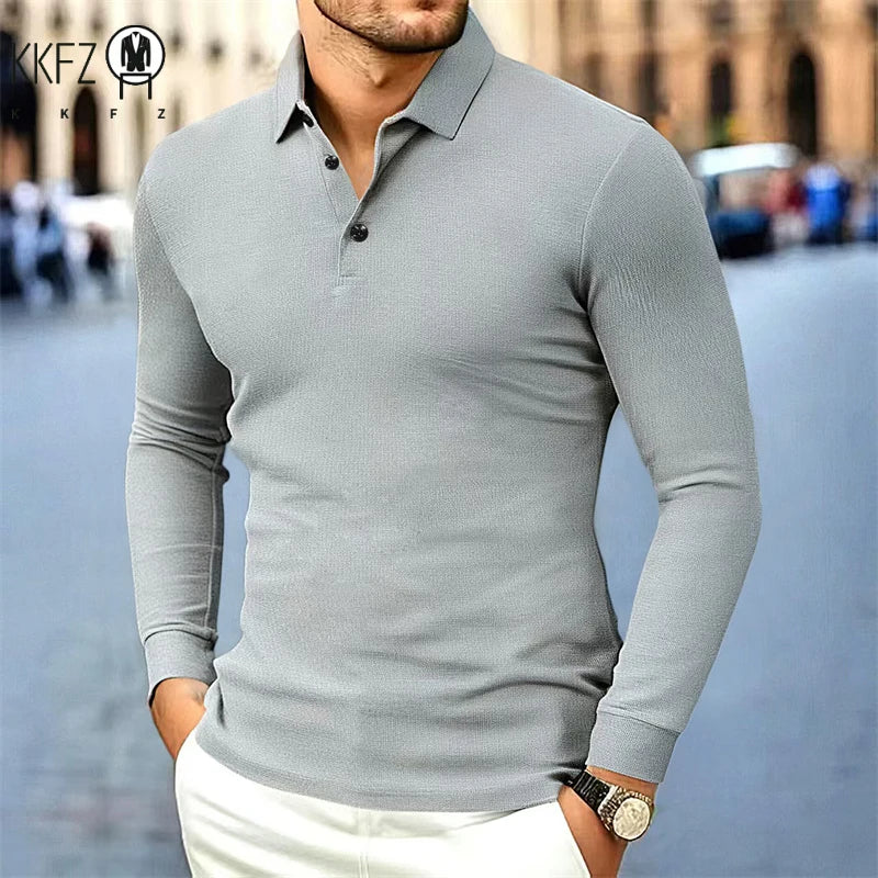 Men's Business Casual Long Sleeved Shirt Solid Color Fashionable Breathable Comfortable Versatile Polo Top