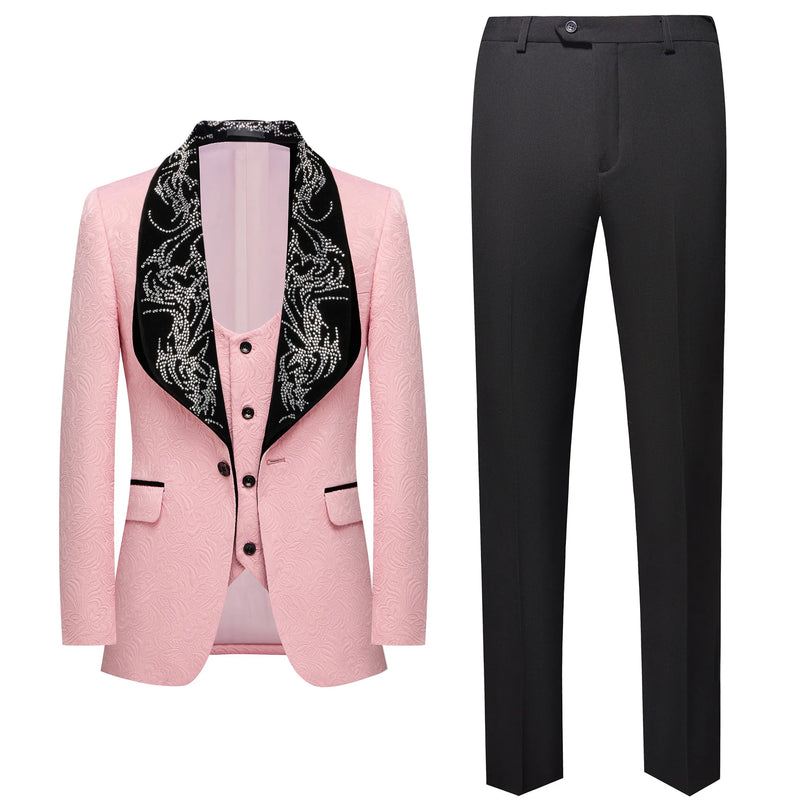 Red Men's Three-piece Suit Set Featuring A Jacquard Jacket and Vest Paired with Pants. Blue, Green, Purple, Pink, and White.