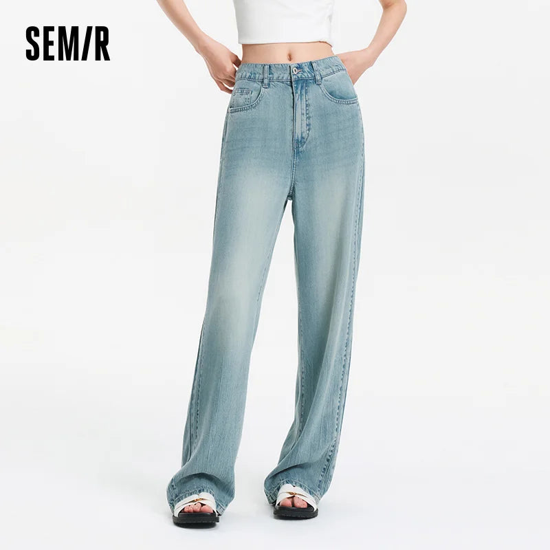 Semir Women Pants Denim Half Elastic Waist Slit Floor Length Comfort Slim Fit Cool Wide Leg 2026 Summer Casual Fashion Top