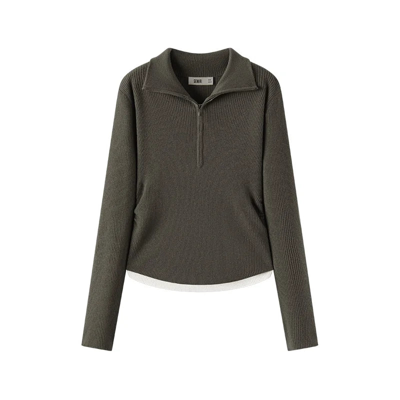 Semir Women Knit Sweater Wool Blend Layered Look Turn Down Collar Half Zip Pleated Detail Slim Fit 2026 New Winter Daily Wear