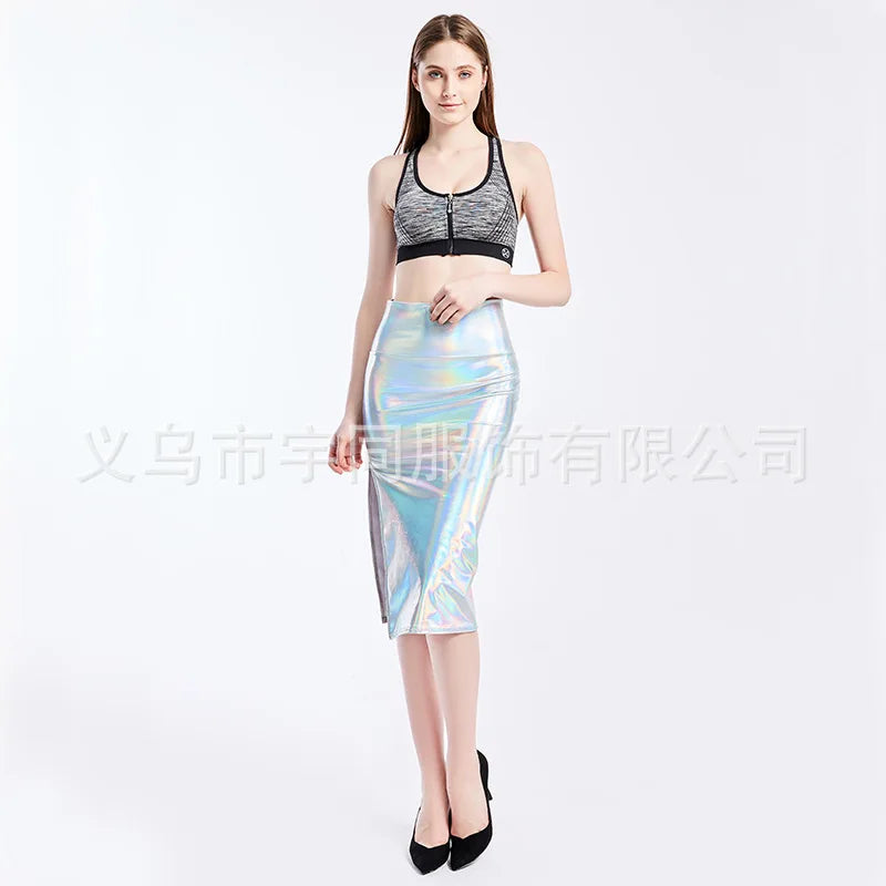Gold Women's Shiny Knee-length Skirt, Asian Sizes, Available in Blue, Silver, and Black.