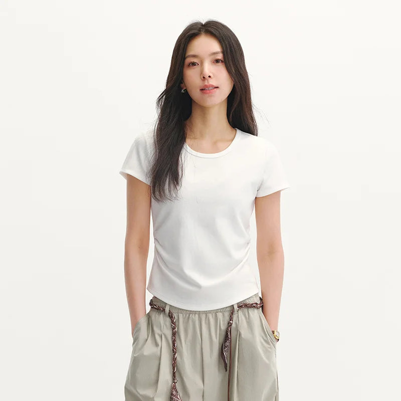 Semir Womens Tshirt 2026 Short U Neck Regular Shoulder Ruched Slim Embroidered Knitted